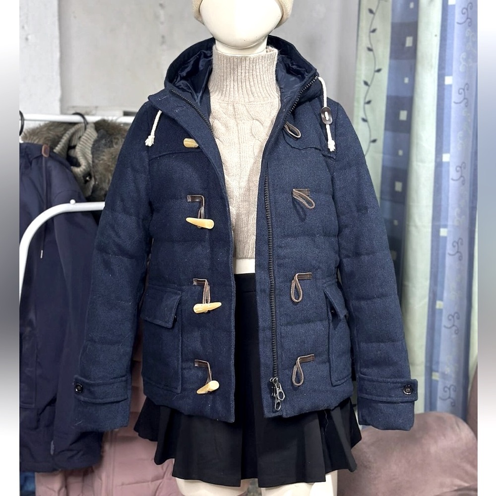 American Eagle Womens Hooded Wool Blend Duffle Coat Jacket Navy Blue